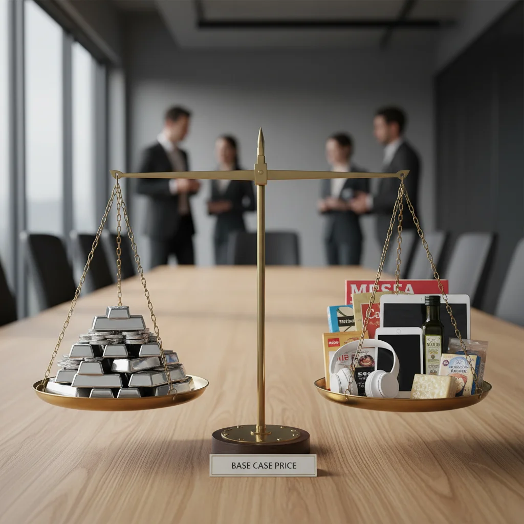 Balanced scale showing silver and consumer goods, representing base case.