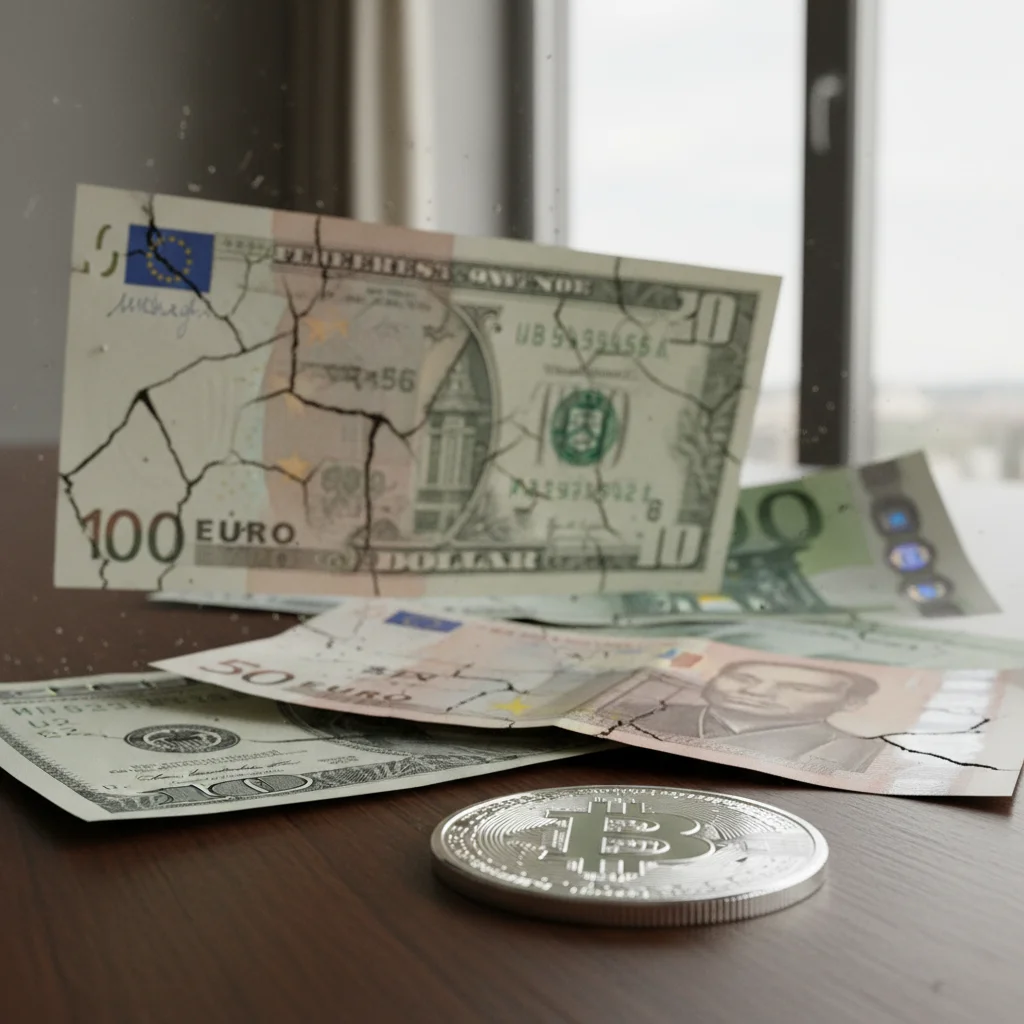 World currencies fading, with a silver coin representing stability.