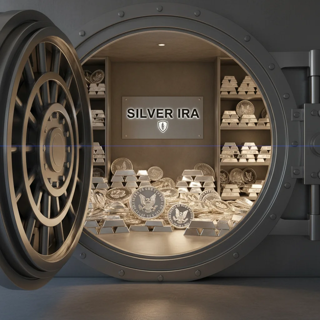 Secure vault with silver coins and bars.