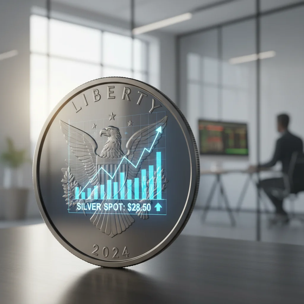Silver coin reflecting a stock market graph.