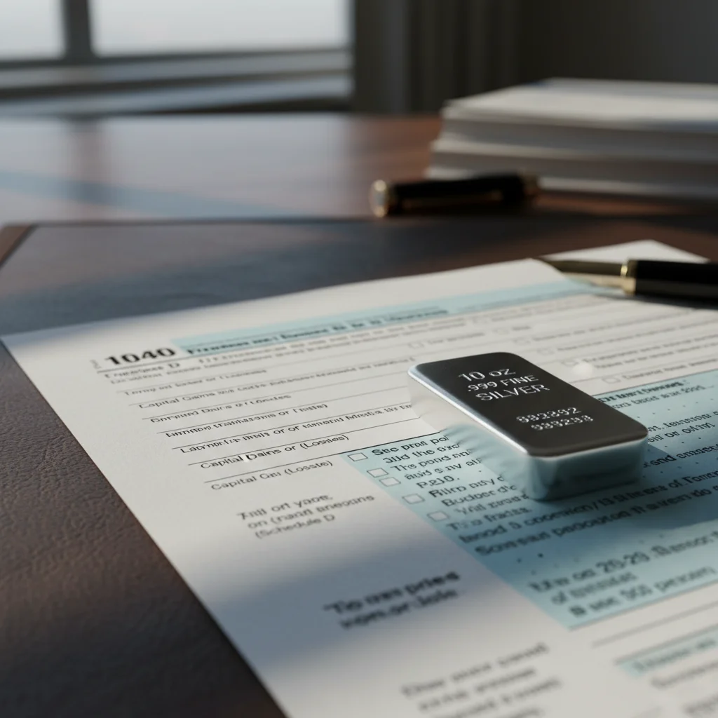 Tax form and silver bar.