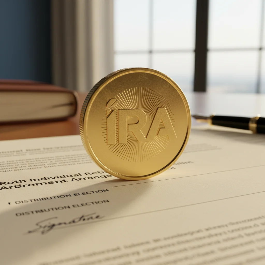 Gold coin on Roth IRA document symbolizing conclusion.