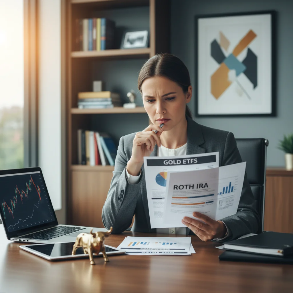 Person reviewing investment documents related to gold ETFs and Roth IRAs.