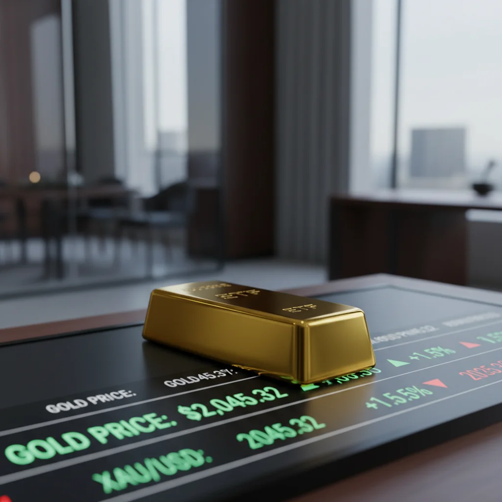 Gold ETF representation with fluctuating price ticker.