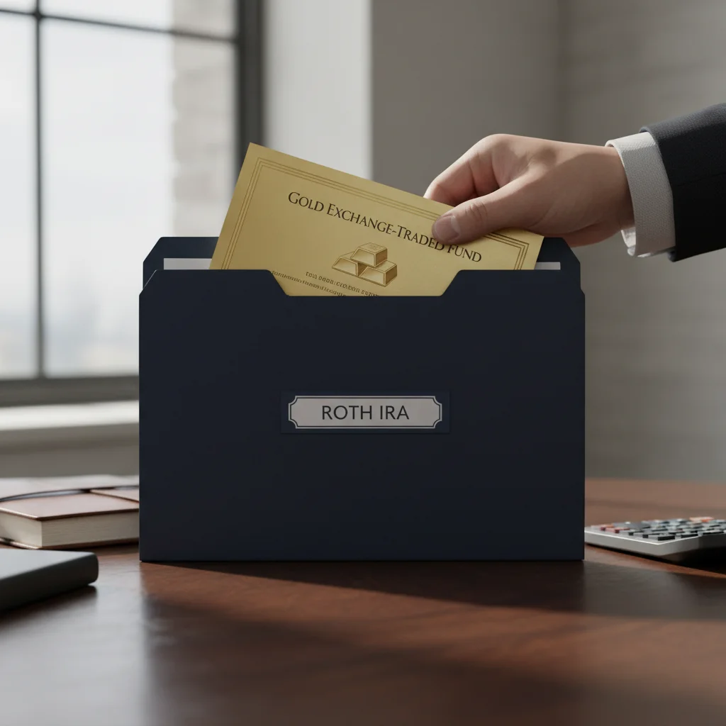 Gold ETF certificate being placed into a Roth IRA folder.