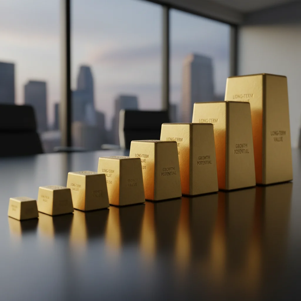 Gold bars increasing in size over time, symbolizing long-term value.