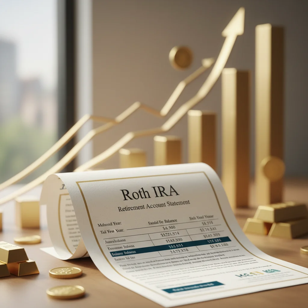 Roth IRA document with rising gold prices symbolizing growth.