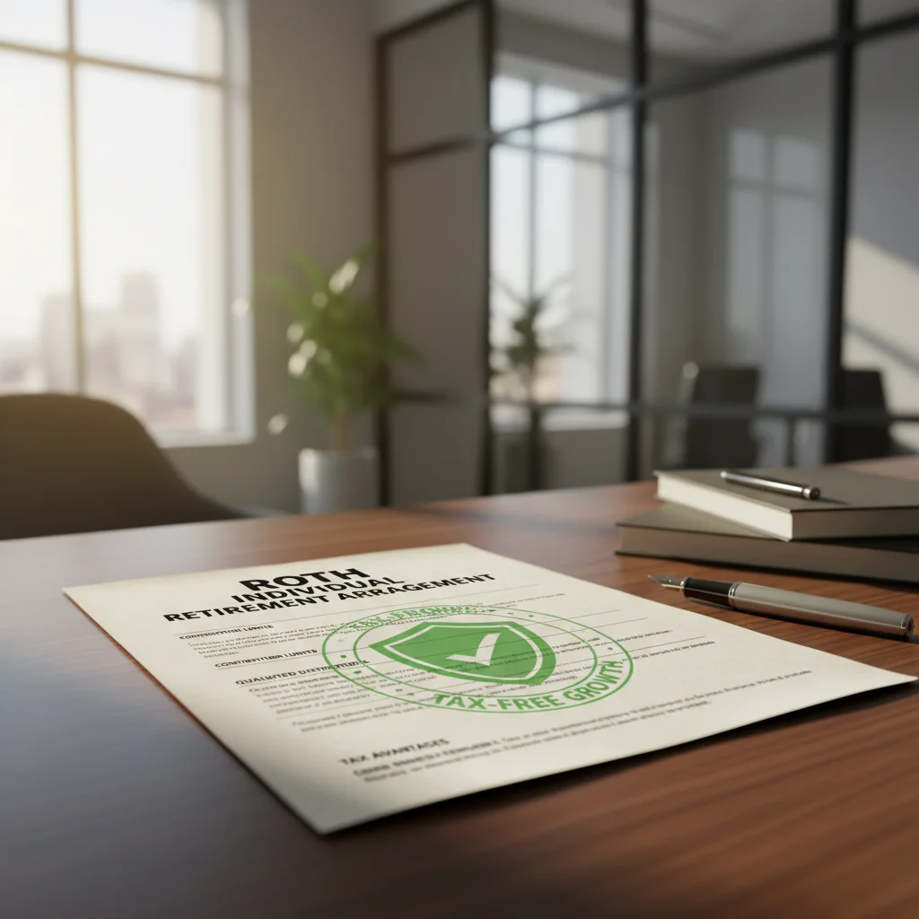 Roth IRA document with tax-free icon.