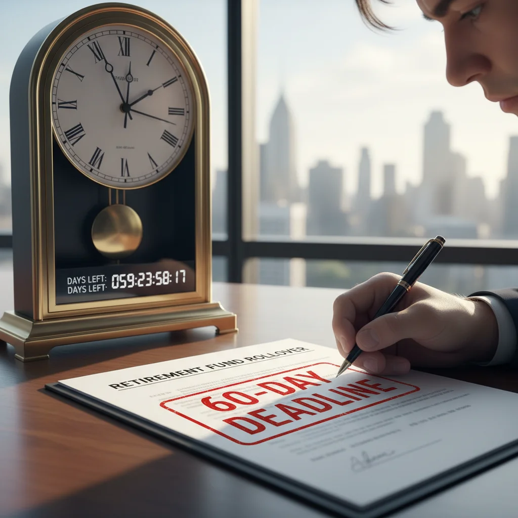 Clock ticking next to a retirement fund document, illustrating the 60-Day Rollover Rule.