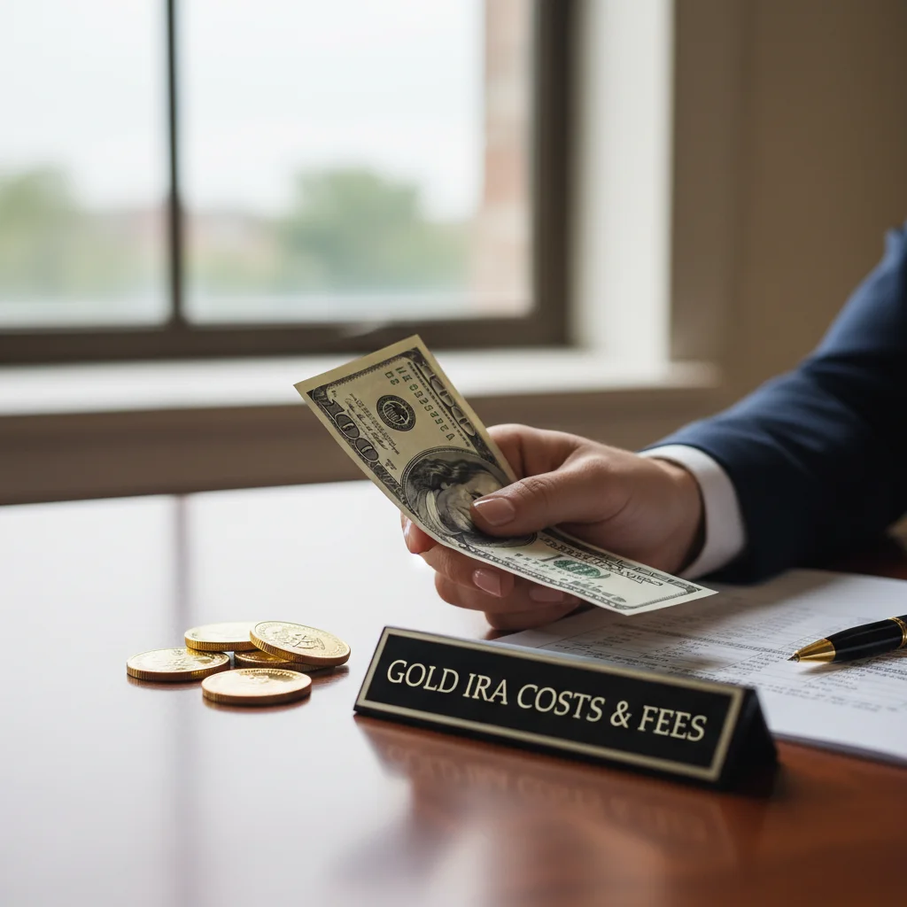 Hand holding a bill next to gold coins, representing Gold IRA Costs and Fees.
