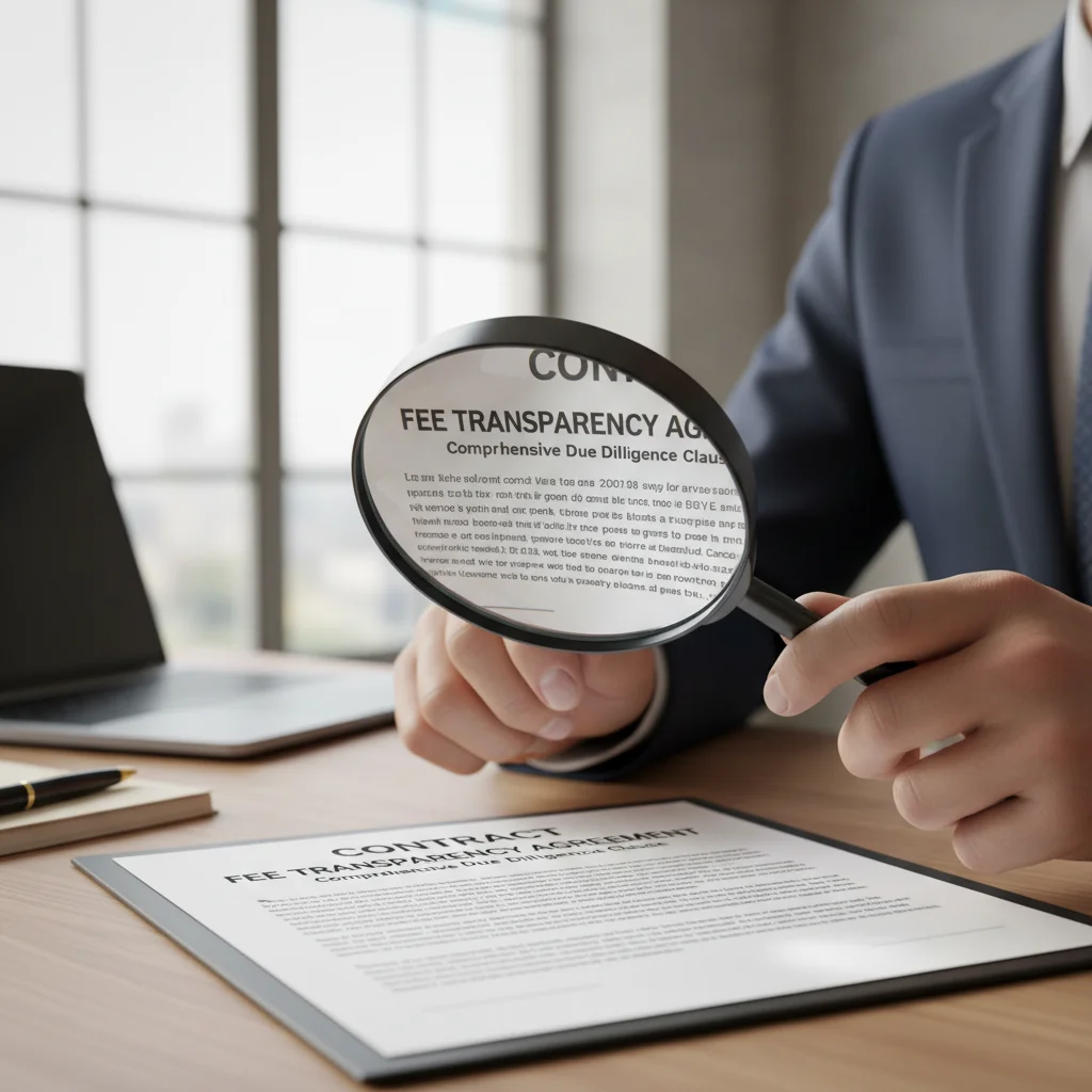 Magnifying glass over a contract, illustrating Fee Transparency and Due Diligence.