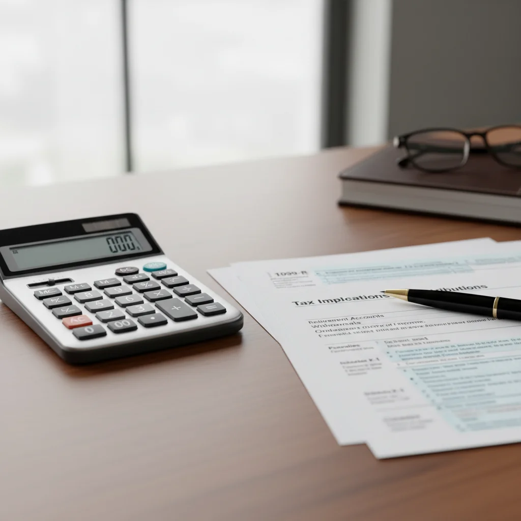 Calculator next to tax forms, highlighting Tax Implications of Distributions.