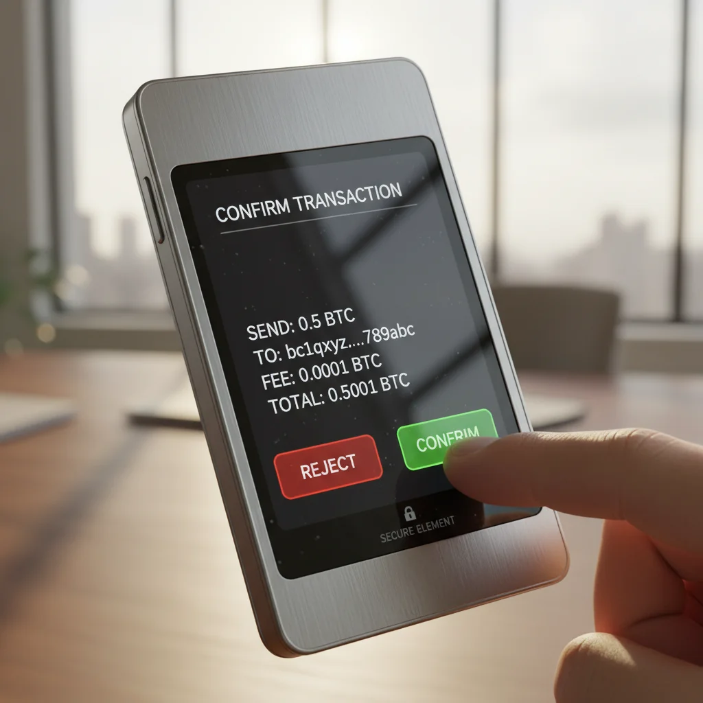 Hardware wallet displaying transaction confirmation